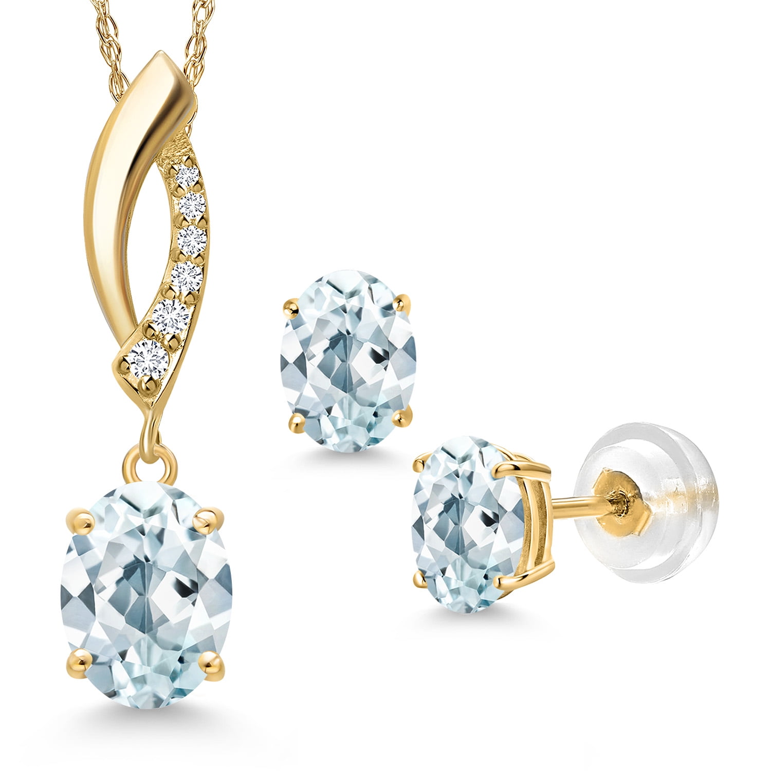 Gem Stone King 14K Yellow Gold Sky Blue Aquamarine and Lab Grown Diamond Pendant Earrings Jewelry Set for Women | 2.20 Cttw | Gemstone March Birthstone | Oval 8X6MM | with 18 inch Chain