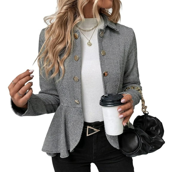 Elegant Women Blazer Business Work Office Peplum Hem Jacket Open Front Herringbone Coats Grey L