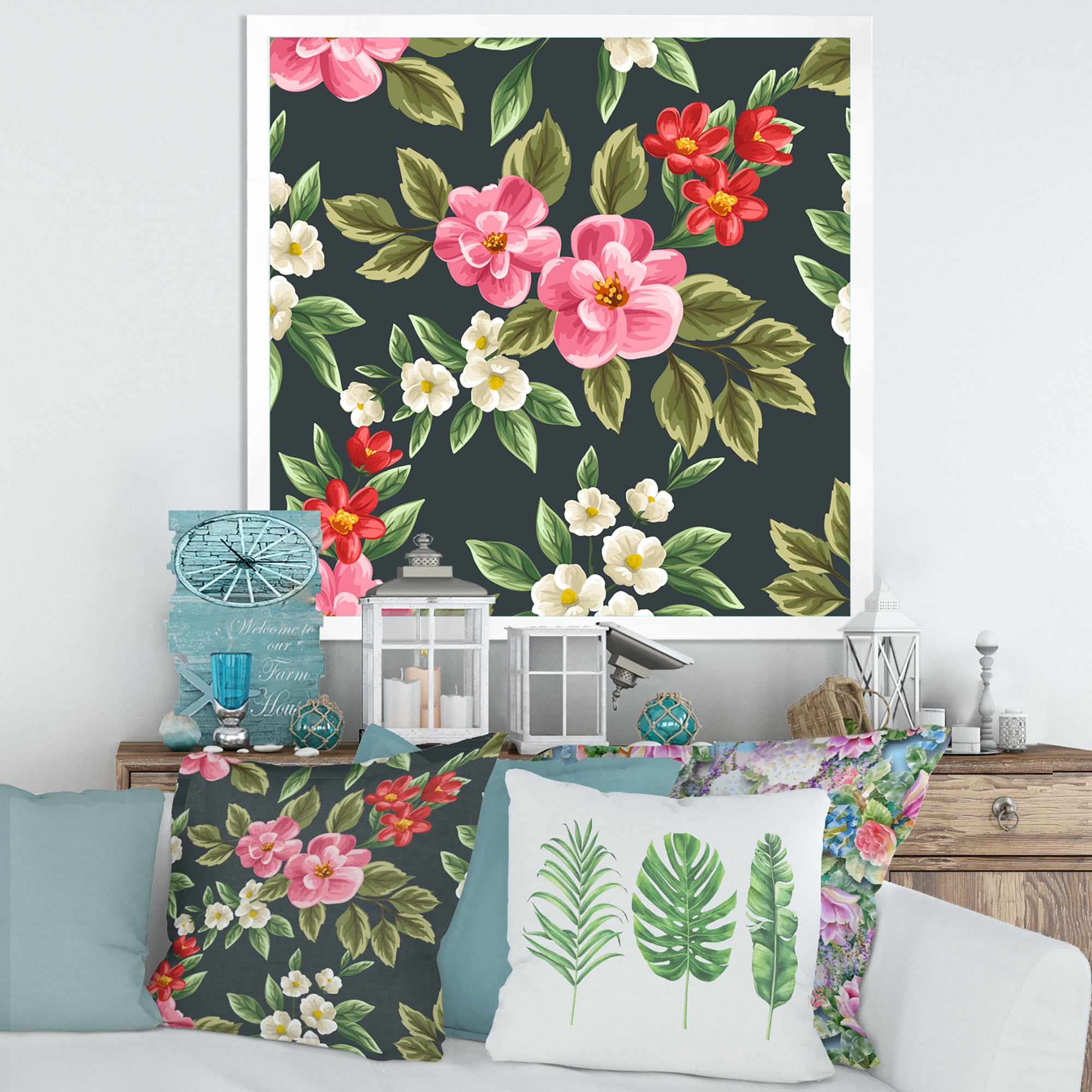 Designart 'Vintage Red and Pink Wildflowers II' Traditional Framed Art Print