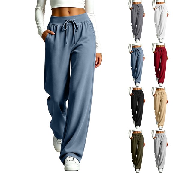 Women's Wide Leg Sweatpants With High Waist Drawstring Elastic Waist Casual Loose Fit Jogger Solid Color Matte Sweatpants with Side Pockets