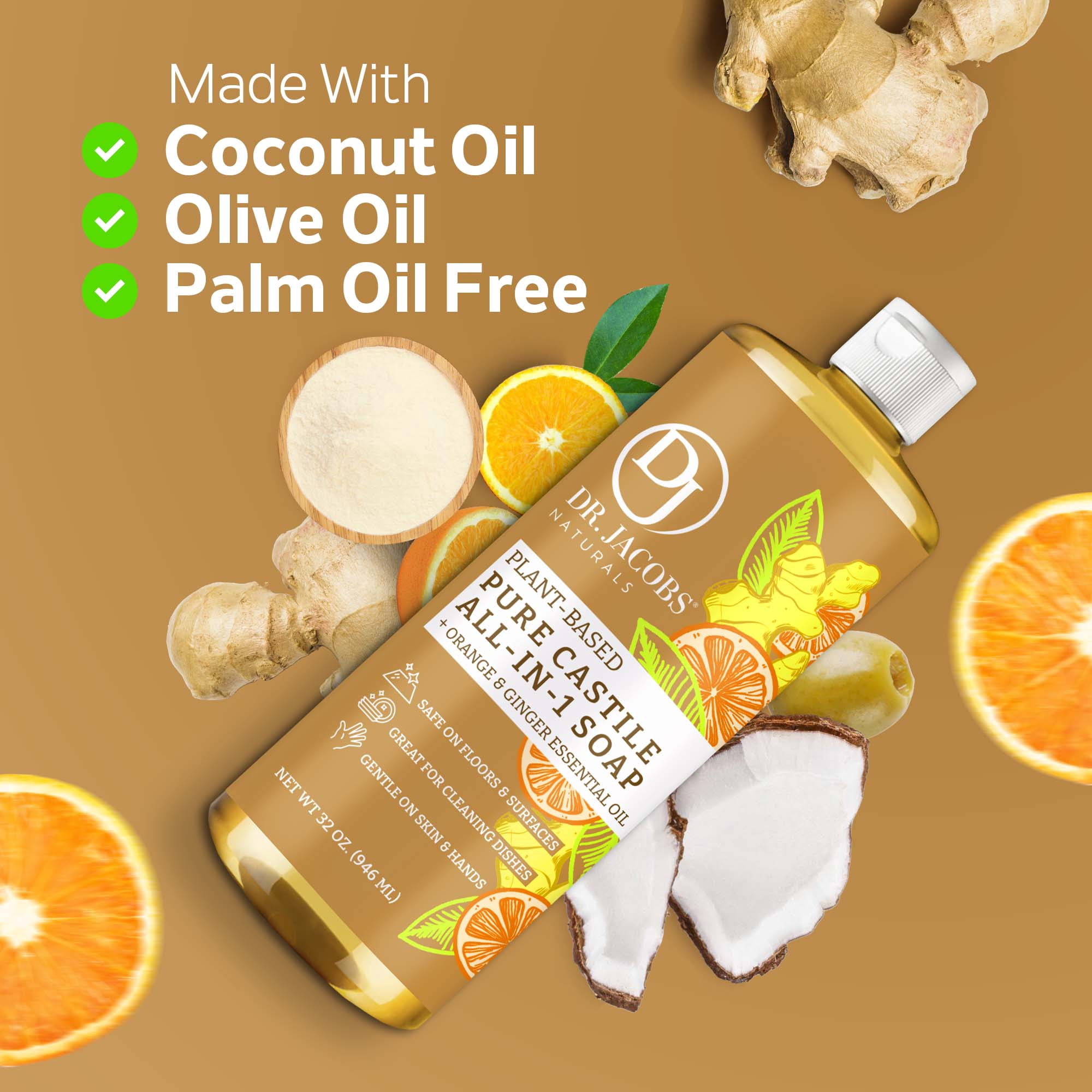 Dr. Jacobs Naturals Orange & Ginger Castile Soap All-In-One Cleaner Plant-Based Formula, 32 Fl. Oz. 3-Pack