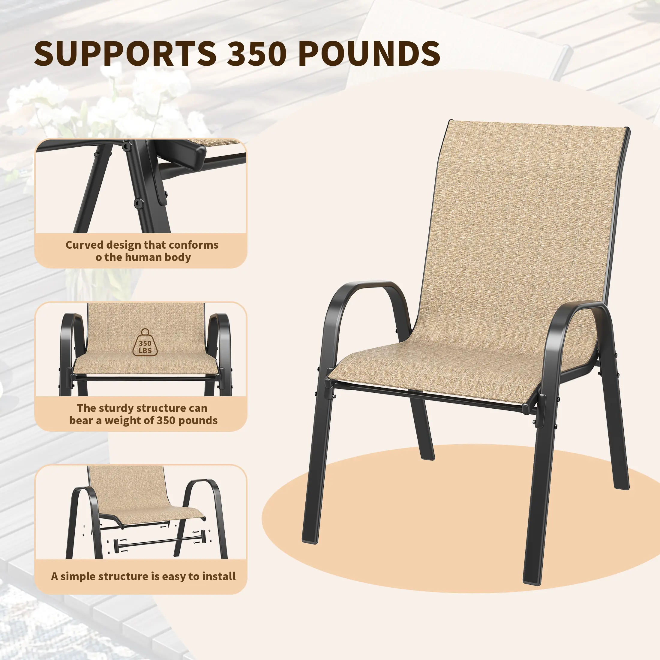 UDPATIO Patio Chairs Set of 4, Outdoor Dining Chairs High Back with All Weather Breathable Textilene, Metal Frame for Lawn Garden Backyard Deck, Brown