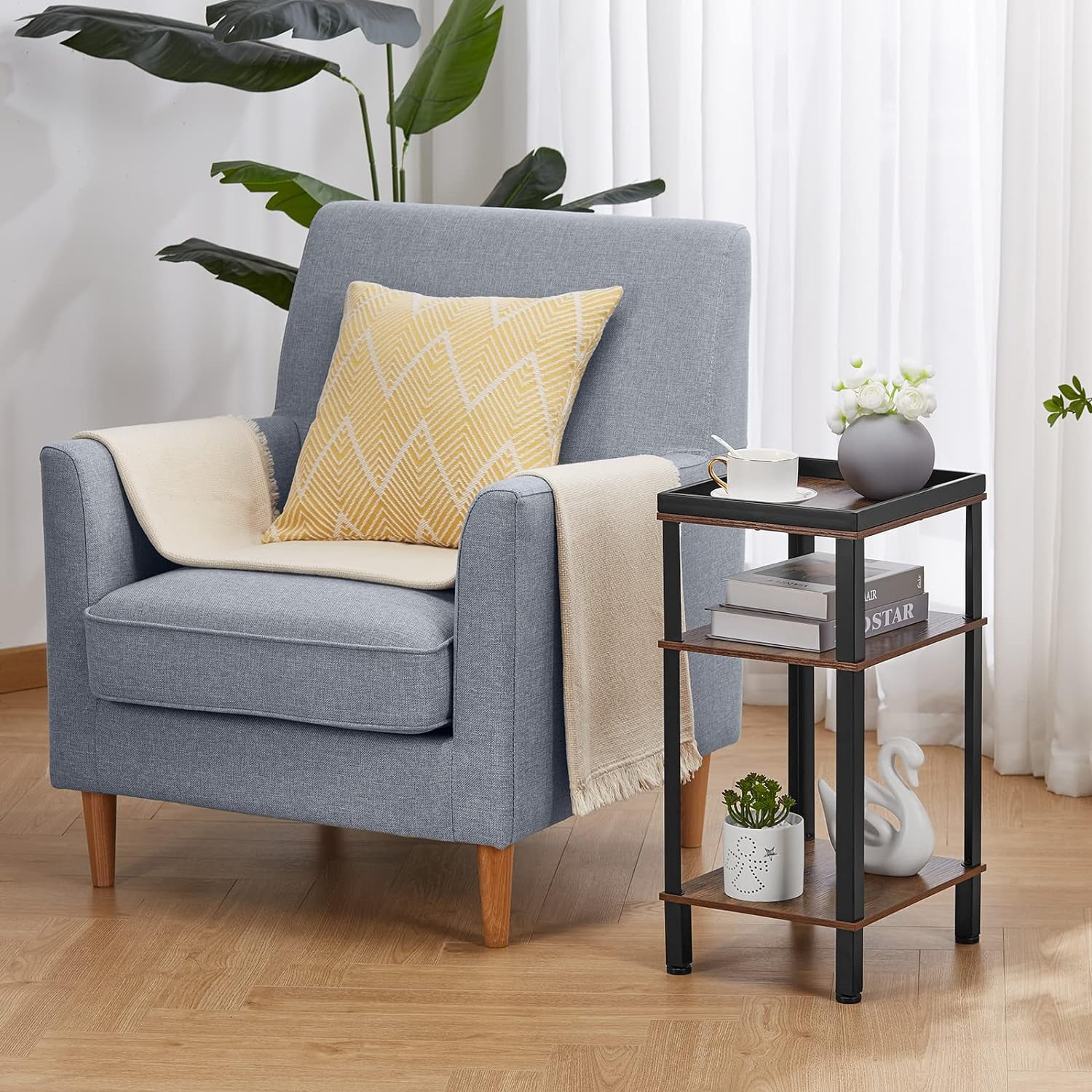 Small Side Table for Small Spaces - Slim End Table with Magazine Holder - 2 in 1 Design Narrow End Table Living Room - Skinny Bedside Table Nightstand Bedroom Thin Side Table, Rustic Brown