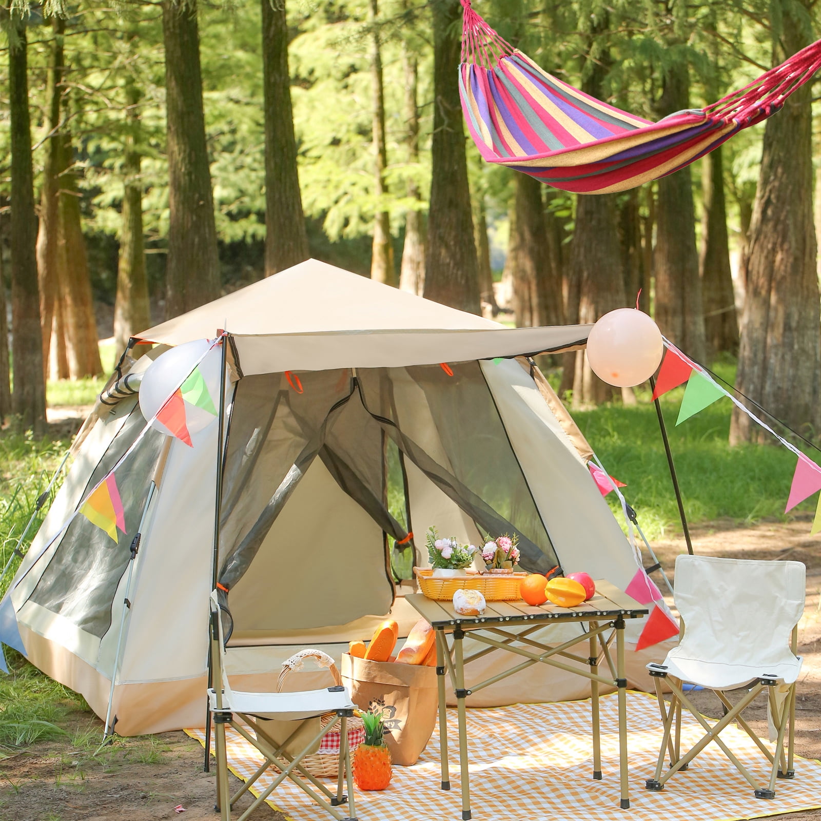 TOPCHANCES Family Camping Tent for 3-4 Person Automatic Opening Instant Pop Up Tent with Hammock for Outdoor Camping, Hiking, Traveling, Beige #C
