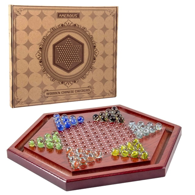 Juego de mesa de damas chinas AMEROUS de madera de 34,5 cm con 60 canicas