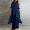 thumbnail image 5 of Stichou Women's 2 Piece Linen Set Solid Color Long Sleeve Irregular Hem Top and Wide Leg Swing Pants Trousers Suits Navy L, 5 of 5