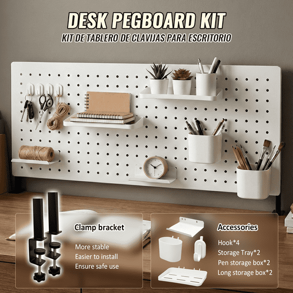 SEKAM Desk Pegboard Organizer Kit, 31.5" Clamp-On No-Drill Adjustable Desktop Storage Panel with Hooks, Shelves, Pen Cups and Storage Boxes, White