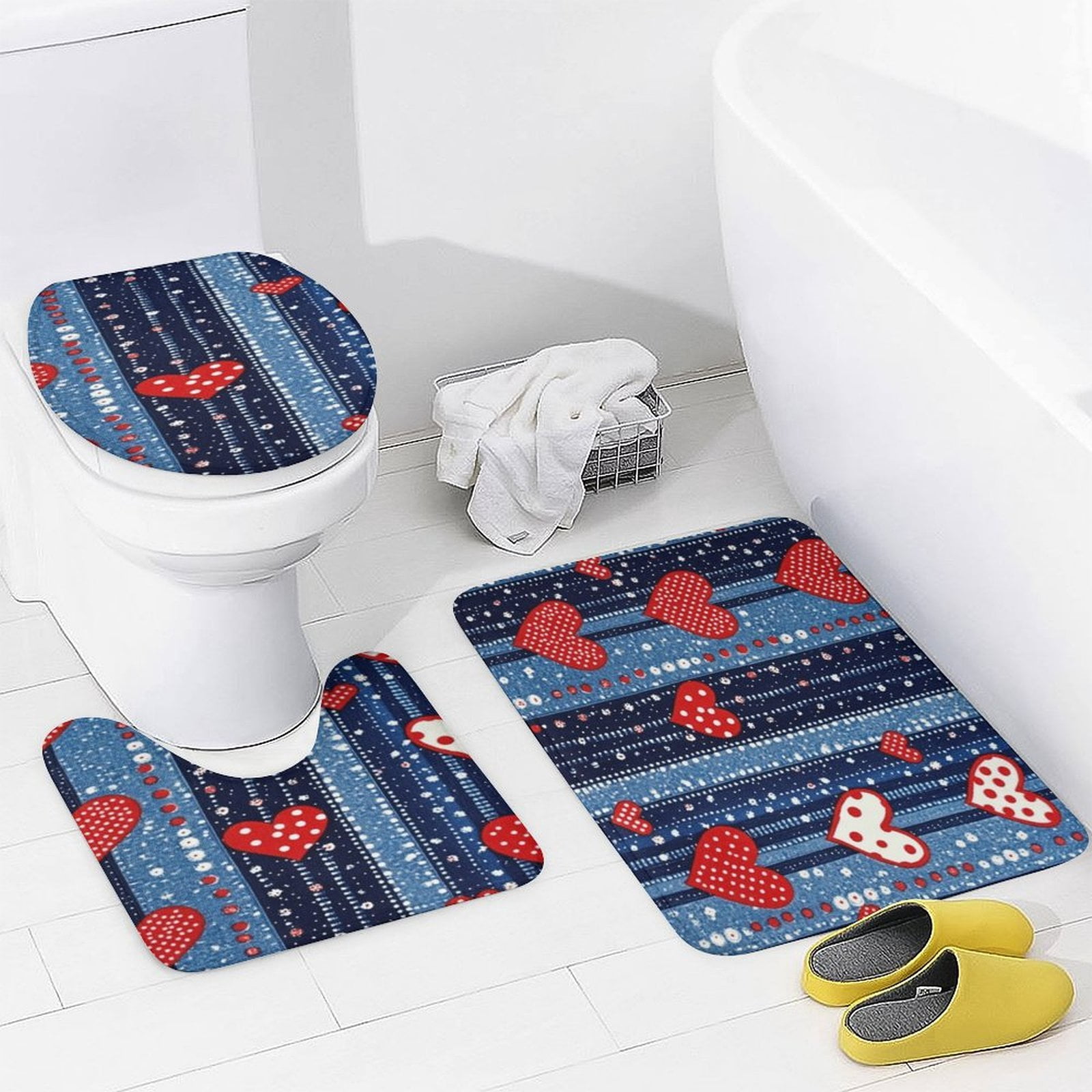 USA Hearts & Stars Shower Curtain Sets 4 Piece with Non-Slip Rugs Toilet Lid Cover And Bath Mat 4th of July Durable And Waterproof for Bathroom Decor