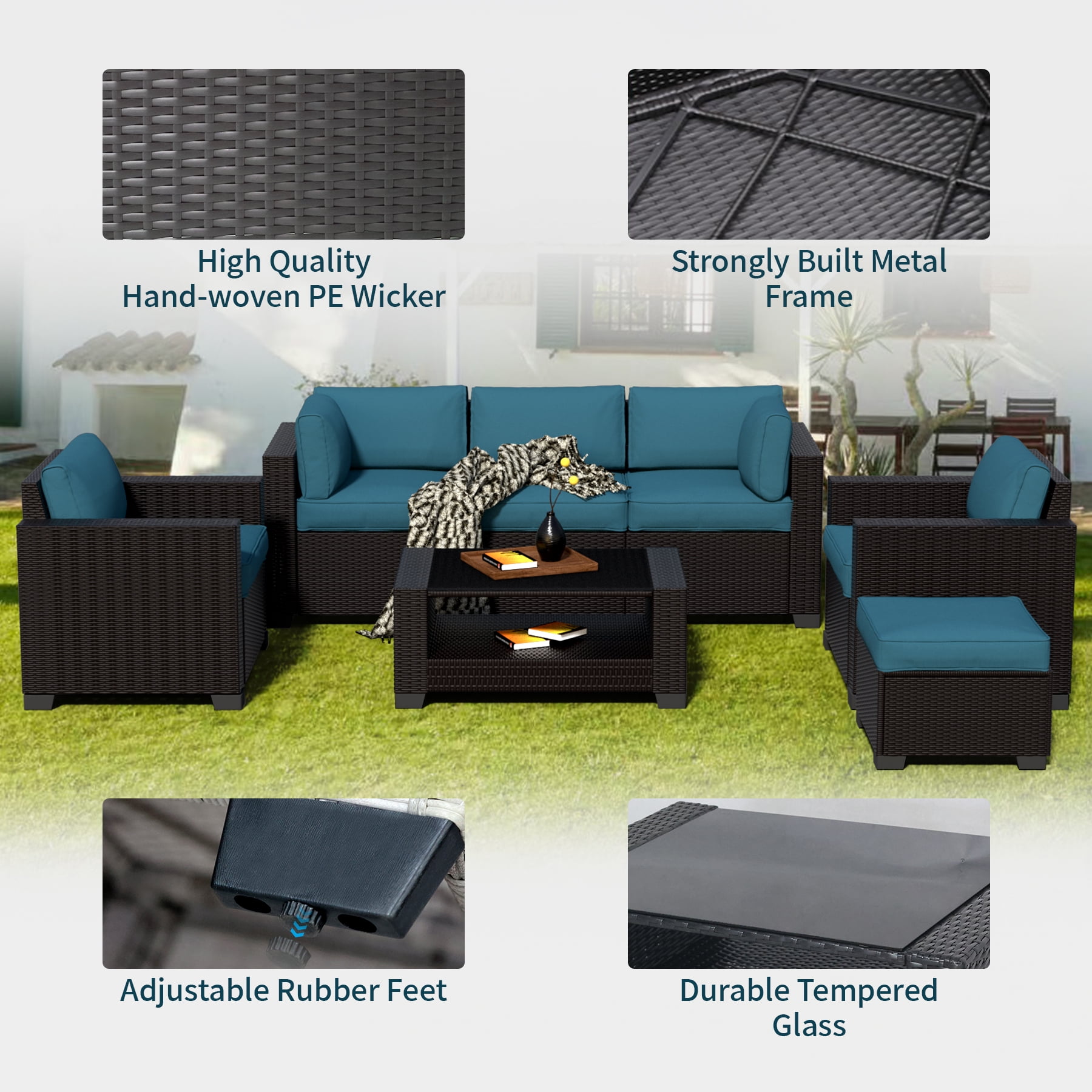 7-Piece Waterproof Outdoor Patio Furniture Set, PE Wicker Rattan Sectional Sofa with Replaceable Cushions & Coffee Table, Modern Patio Conversation Set for Porch, Balcony, Backyard (Peacock Blue)