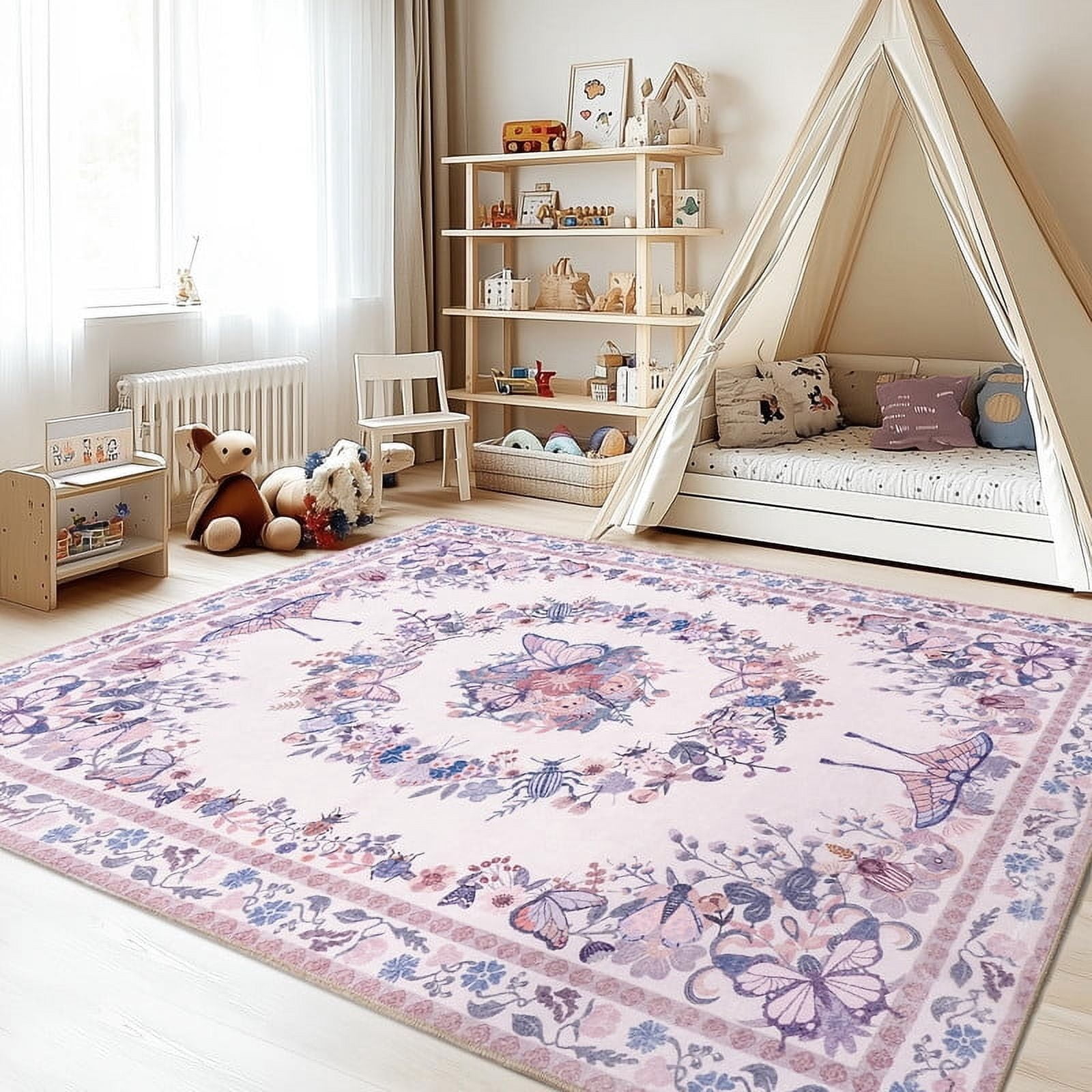 Butterfly Print Washable Pink Area Rug 4x6 for Living Room Bedroom Girls Room Nursery, Non-Slip & Stain Resistant Modern Indoor Dining Room Carpet, Soft Cozy Low Pile Throw Rugs with Rubber Backing