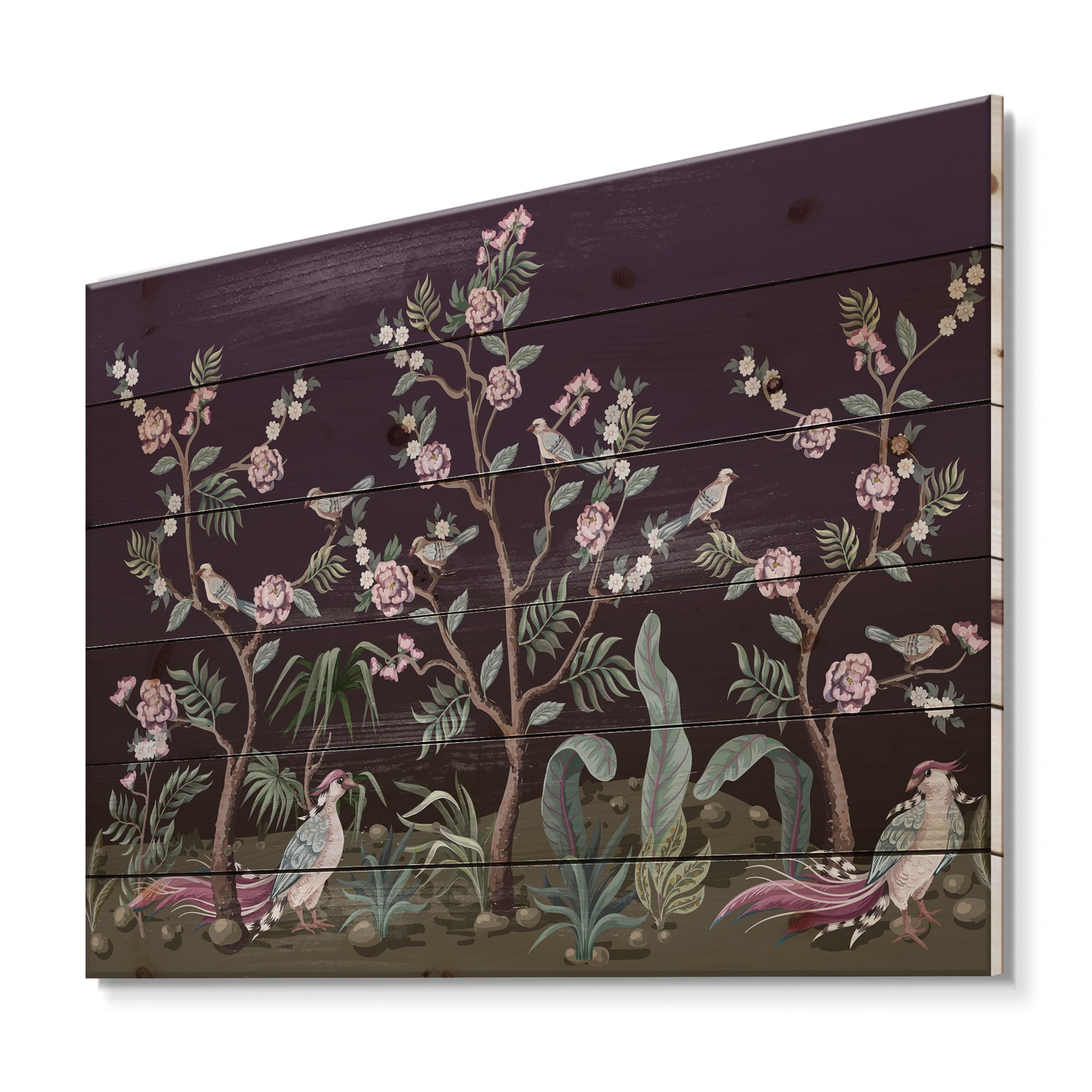 Designart 'Chinoiserie With Peonies and Birds I' Traditional Print on Natural Pine Wood