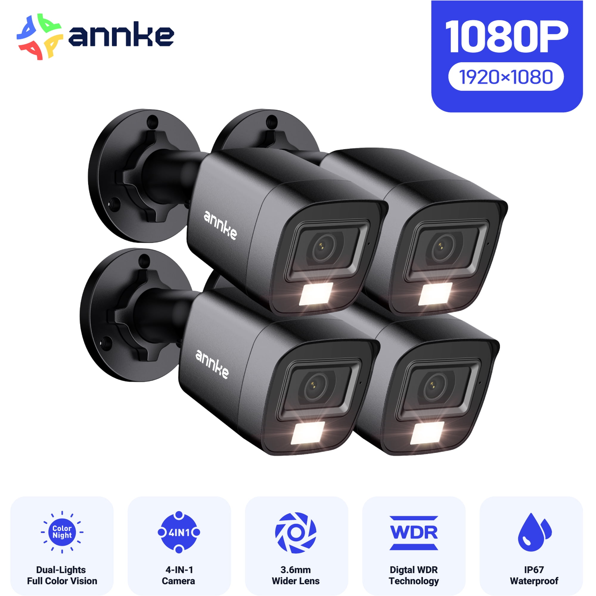ANNKE 4 Pack 1080P HD TVI Home Security Camera Outdoor Indoor, IP66 Waterproof, Smart Dual Light， Night/Day Vision, Surveillance CCTV Bullet Cam