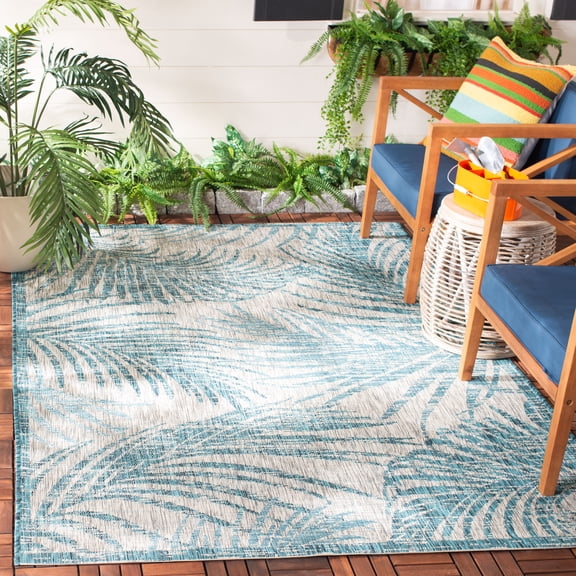SAFAVIEH Courtyard Nick Floral Indoor/Outdoor Area Rug, 5'3" x 7'7", Grey/Aqua