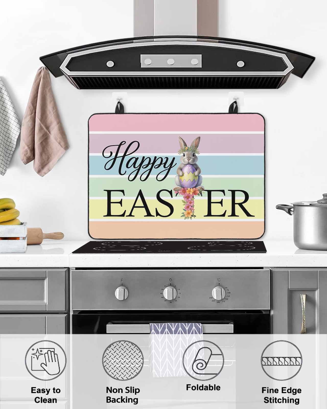 Large Induction Cooktop Protector Mat Easter Stove Top Covers for Electric Stove, Spring Rabbit Colorful Eggs Flowers Striped Decorative Stove Burner Cover Mats, Glass Top Stove Cover