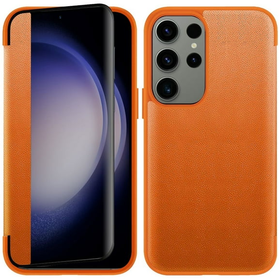 For Samsung Galaxy s24 Plus PU Leather Window Flap Case with Cover - Tan