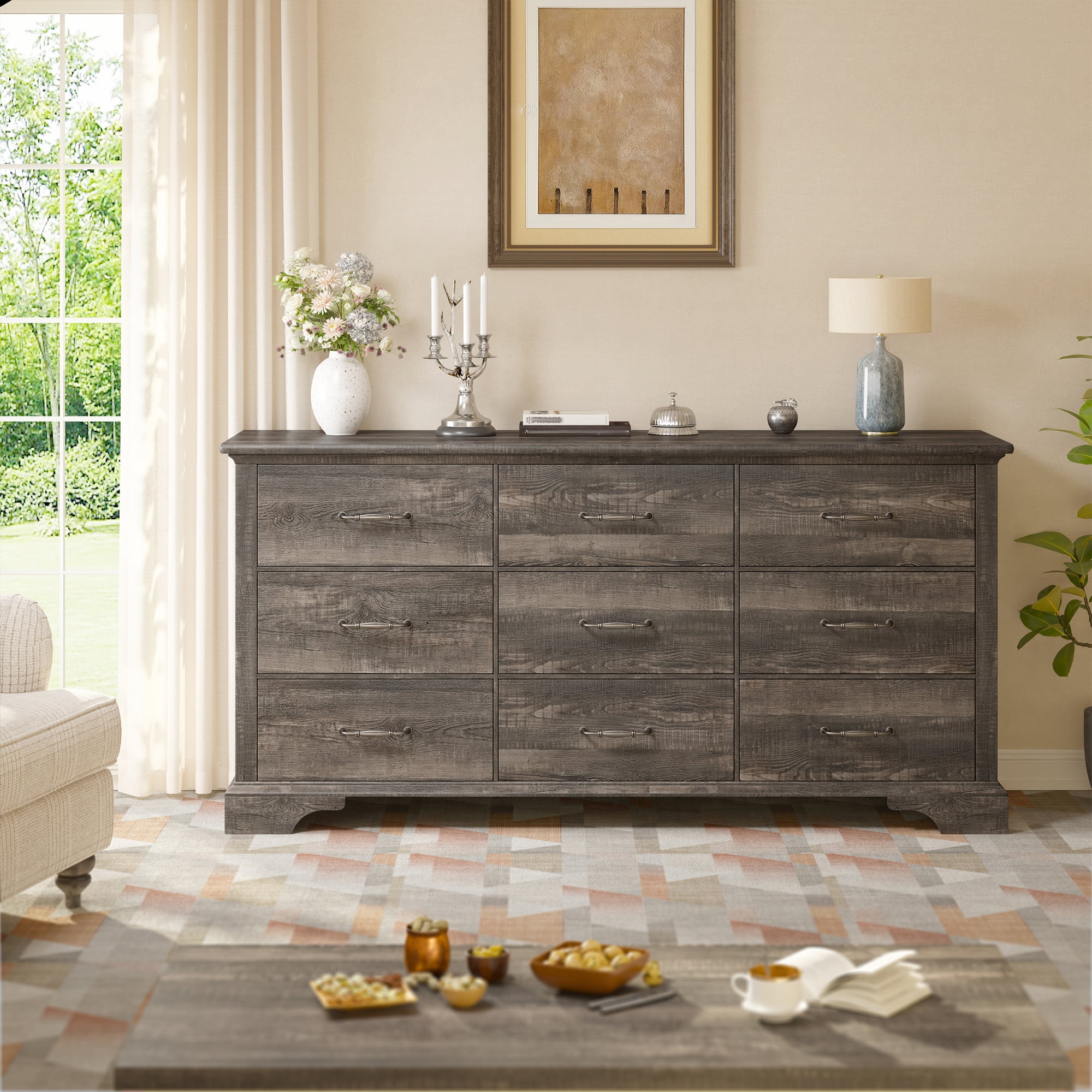 EnHomee 9 Drawer Dresser Wood Dresser for Bedroom Dressers&Chest of Drawers 63" Long Dresser TV Stand,Dark Rustic Oak