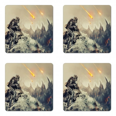 Outer Space Coaster Set of 4, Futuristic Mechanical Tecnology in the Alien Planet Saving the World Illustration, Square Hardboard Gloss Coasters, Standard Size, Grey, by Ambesonne