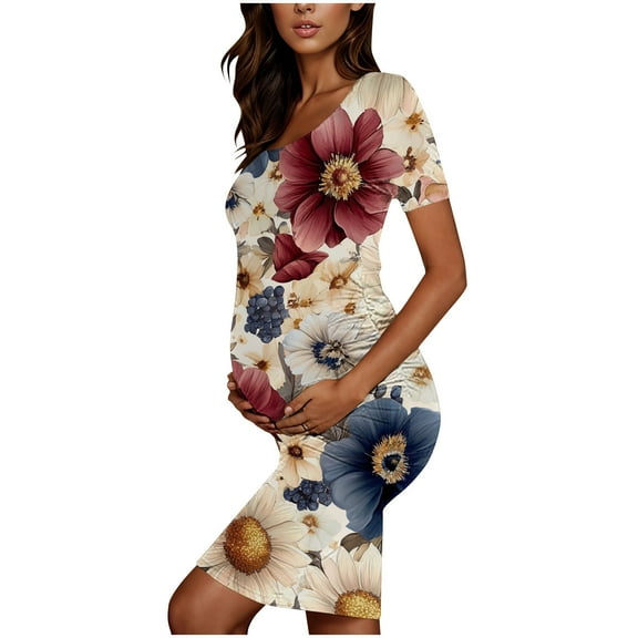 Jacenvly New Maternity Clothes for Women Short Sleeve Print Casual Dresses for Women Breathable Fashion Round Neck Mid-Length Pregnant Women Clothes Multicolor S