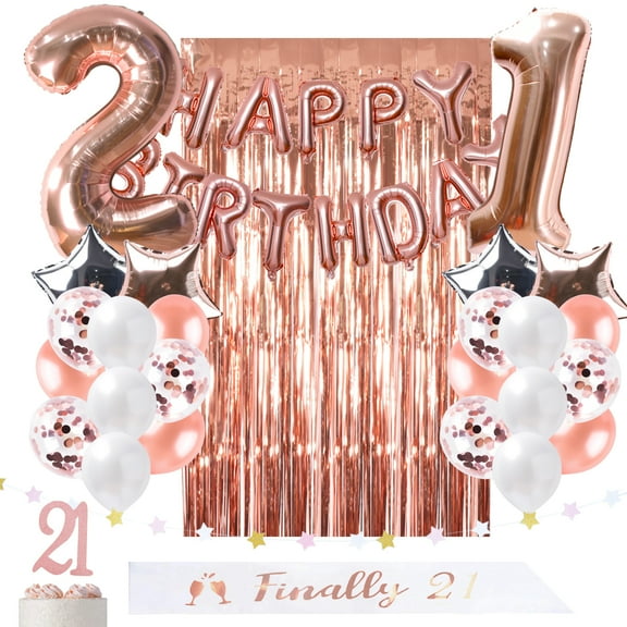 21st Birthday Decorations Rose Gold Party Supplies for her Gift Finally 21 sash Garland Happy Birthday Balloon foil Curtain Backdrop Props Cake Topper &Confetti Ballon 21st Bday