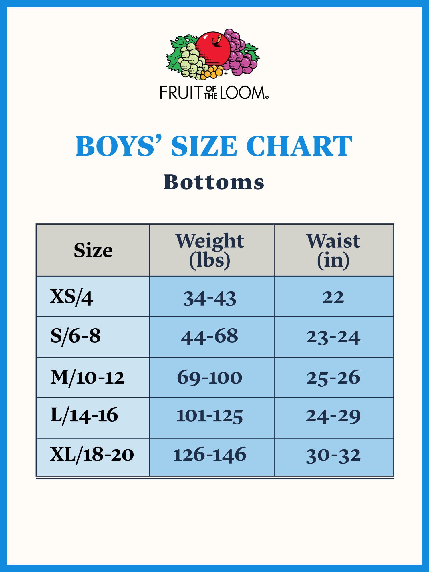 Boys Boxers Size Chart