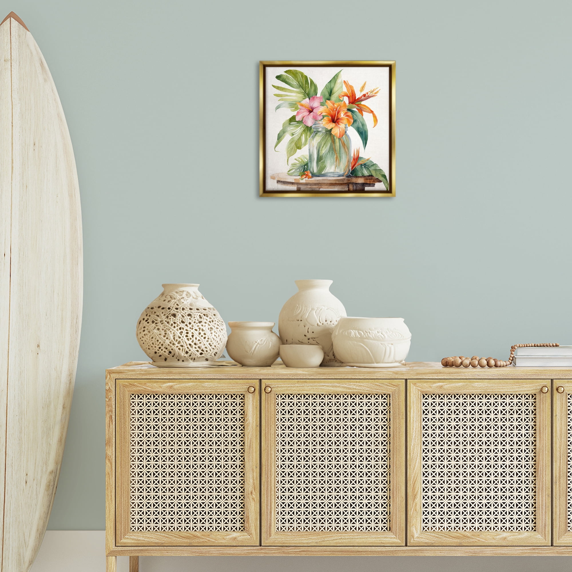 Stupell Industries Tropical Floral Jar Plants & Flowers Painting Gold Floater Framed Canvas Art Print Wall Art, 18 x 18