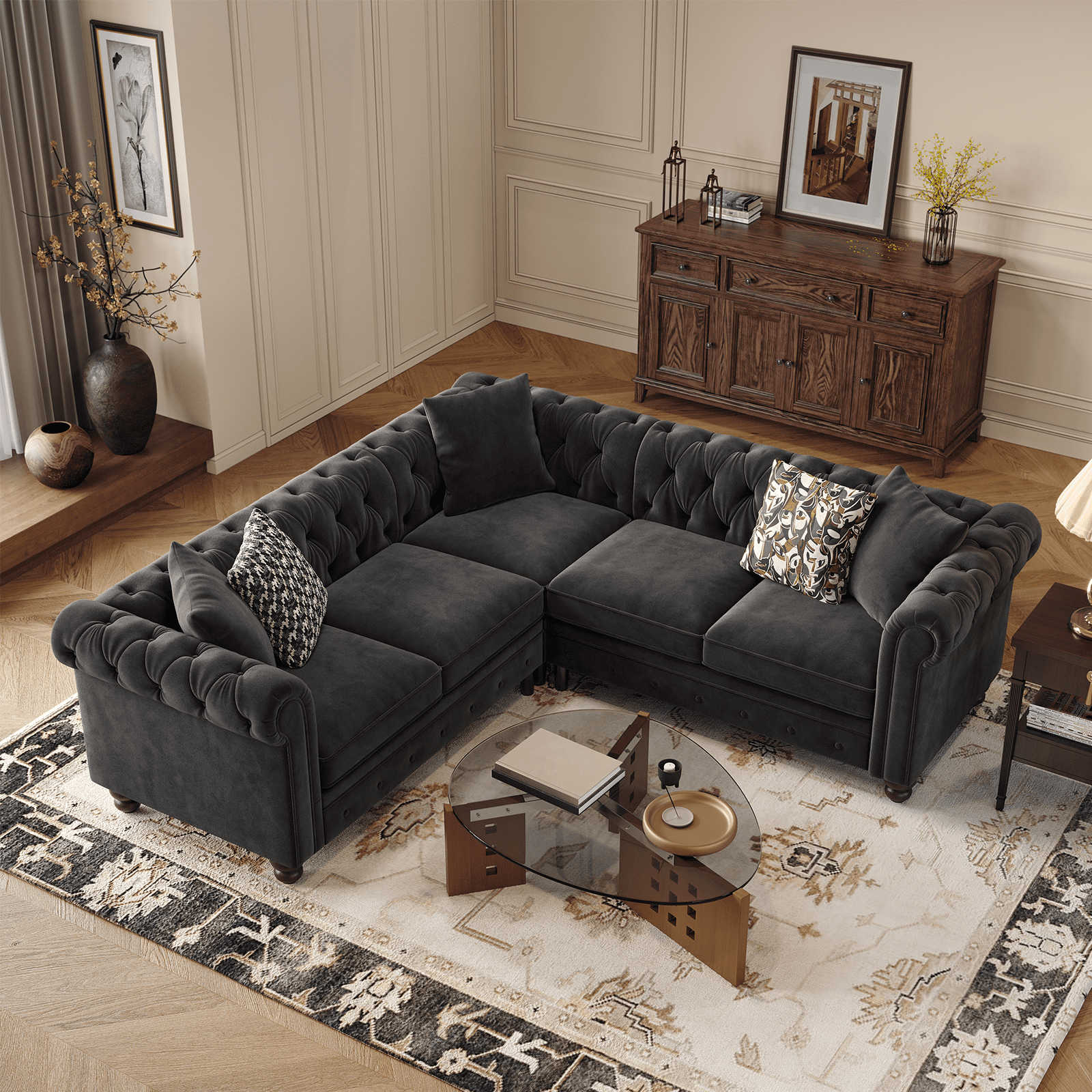 L Shaped Corner Couch for Living Room, Tufted Sectional with 3 Throw Pillows, Velvet Fabric, Black
