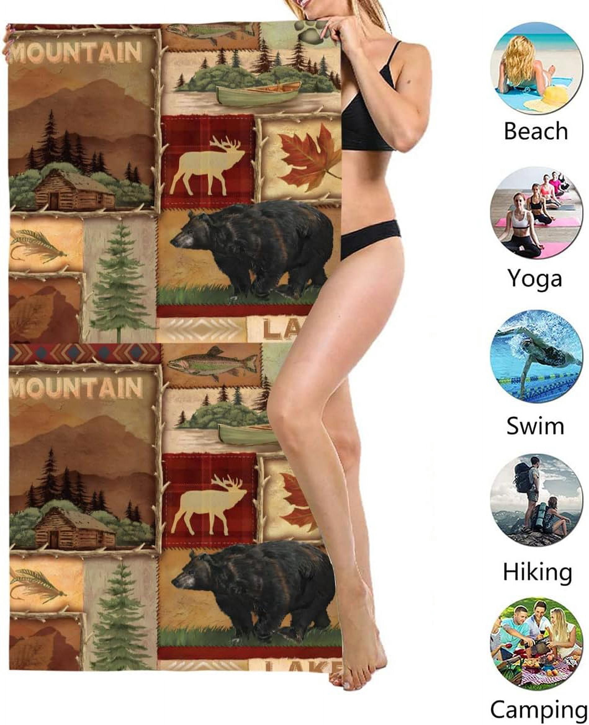 Retro Rustic Beach Towel, Moose Deer Bear Leaf Tree Country Style Farmhouse Microfiber Ultra Soft Quick Dry Highly Absorbent Bath Towels for Beach Party Outdoor Travel Swim Pool Yoga 33x52 Inch