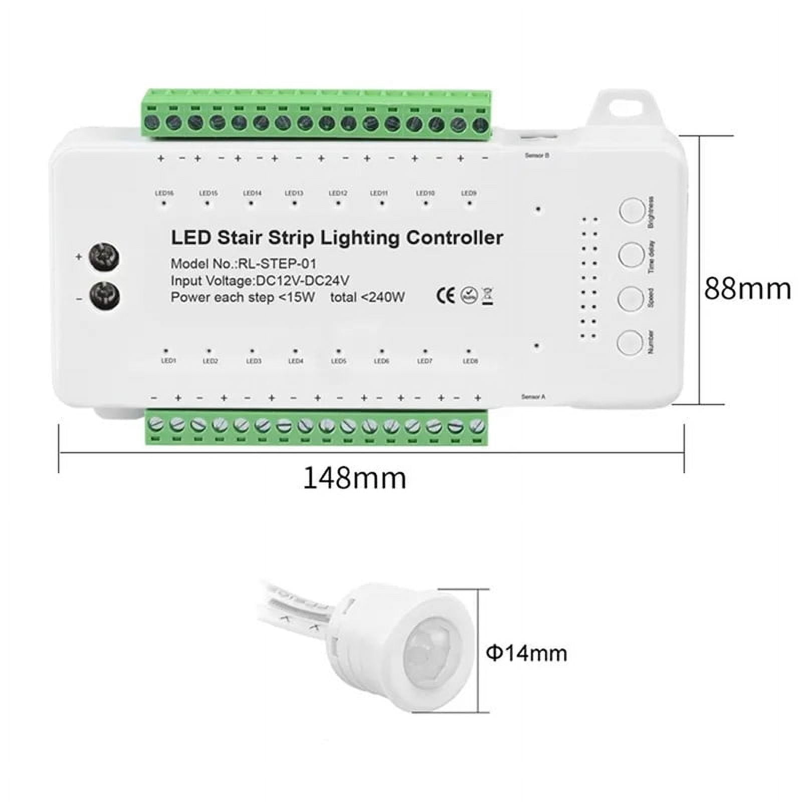 16 Channels Led Stair Light Staircase Controller 2 PIR for Indoor Flexible LED COB Strip Light Without Remote Control