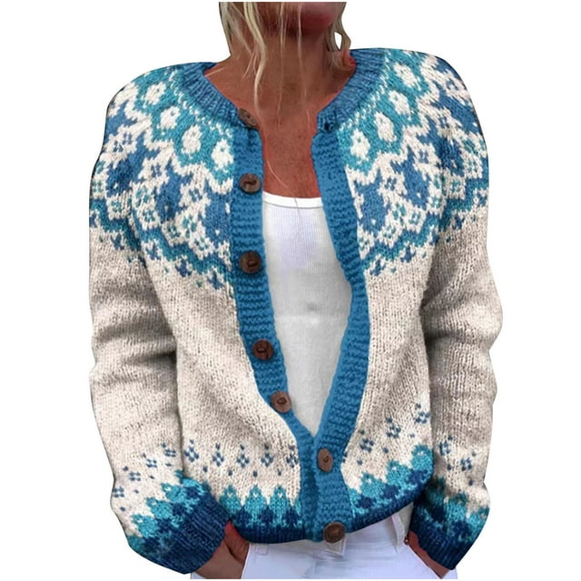 LMKIHUSA Chandails Boutonnés d'Automne pour Femmes Ethnique Boho à Motif Tricoté Coloré Manteau Col Rond Cardigan Fair Isle 2025 Blanc,TTG