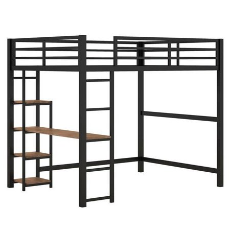 Full-Size Metal Loft Bed with Built-In Desk and Shelving Unit, Black