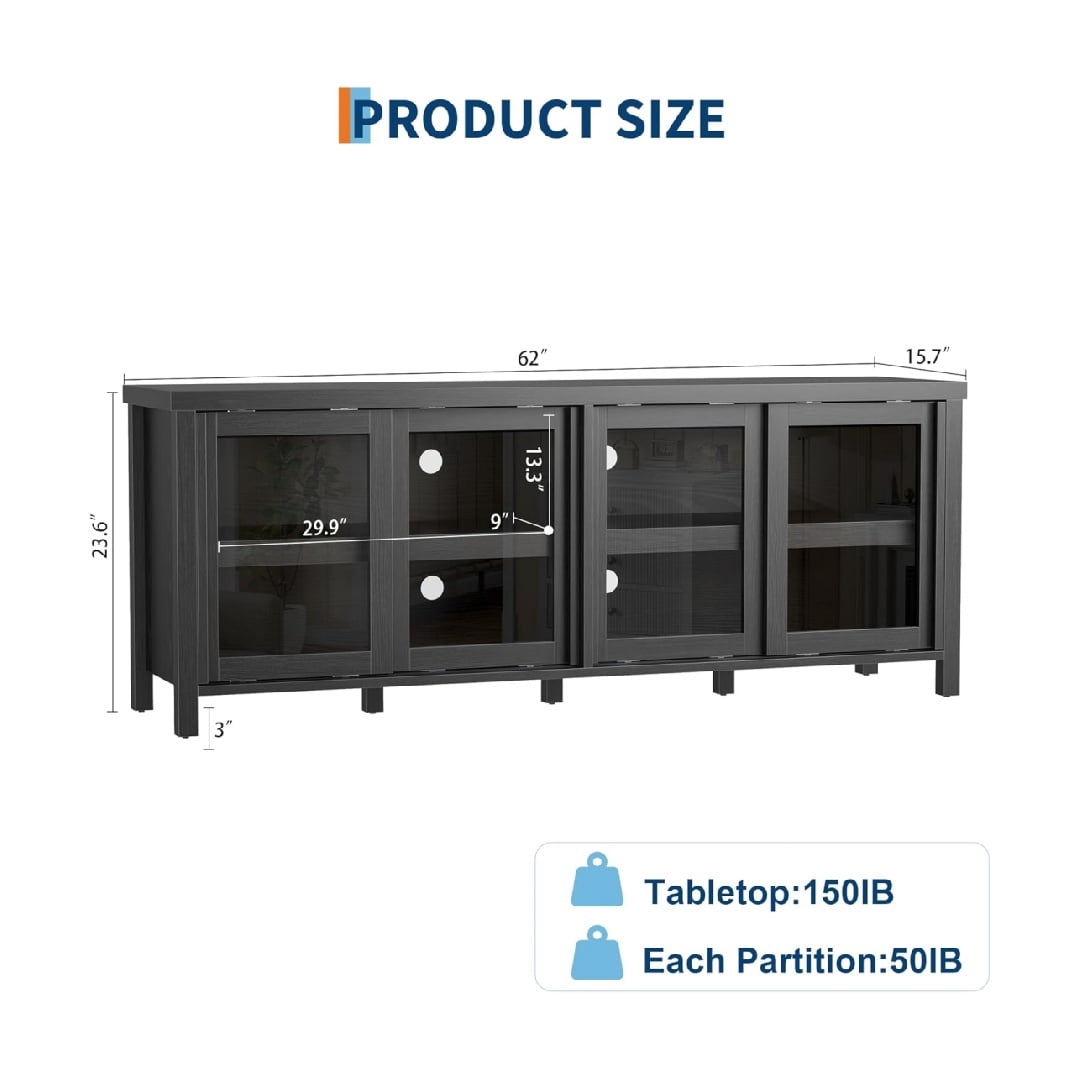 TV Stand for 65 Inch, Entertainment Center with Storage Cabinet and 4 Sliding Glass Doors, Mid Century Modern Media TV Console Table for Living Room Bedroom