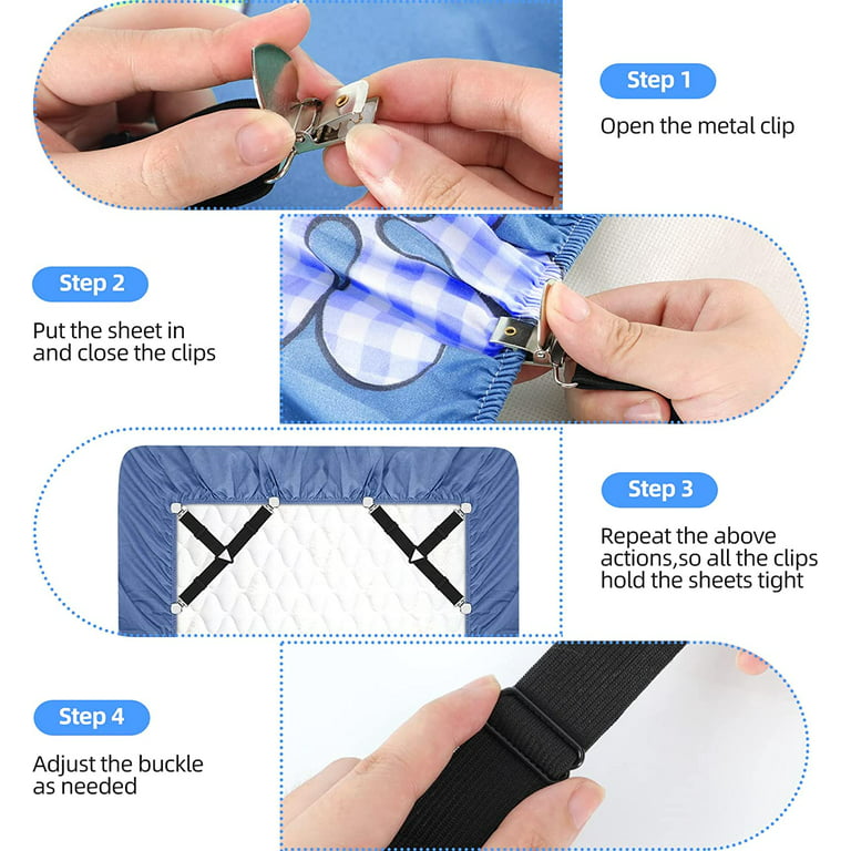 BEADNOVA Bed Sheet Straps 4 Pcs Triangle Bed Sheet Holders Fitted Sheet  Clips Adjustable Sheet Suspenders Mattress Fasteners Gripper Corner Clips  for