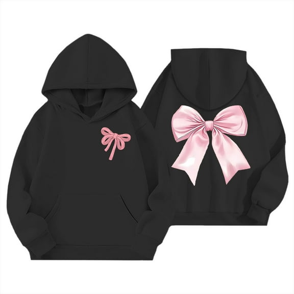 Curuila Toddler Girls Boys Hoodies Bow Cartoon Print Long Sleeve Crew Neck Soft Fashion Warm Pullover With Pocket Autumn Winter Sweatshirt Black Size 18-24 Months