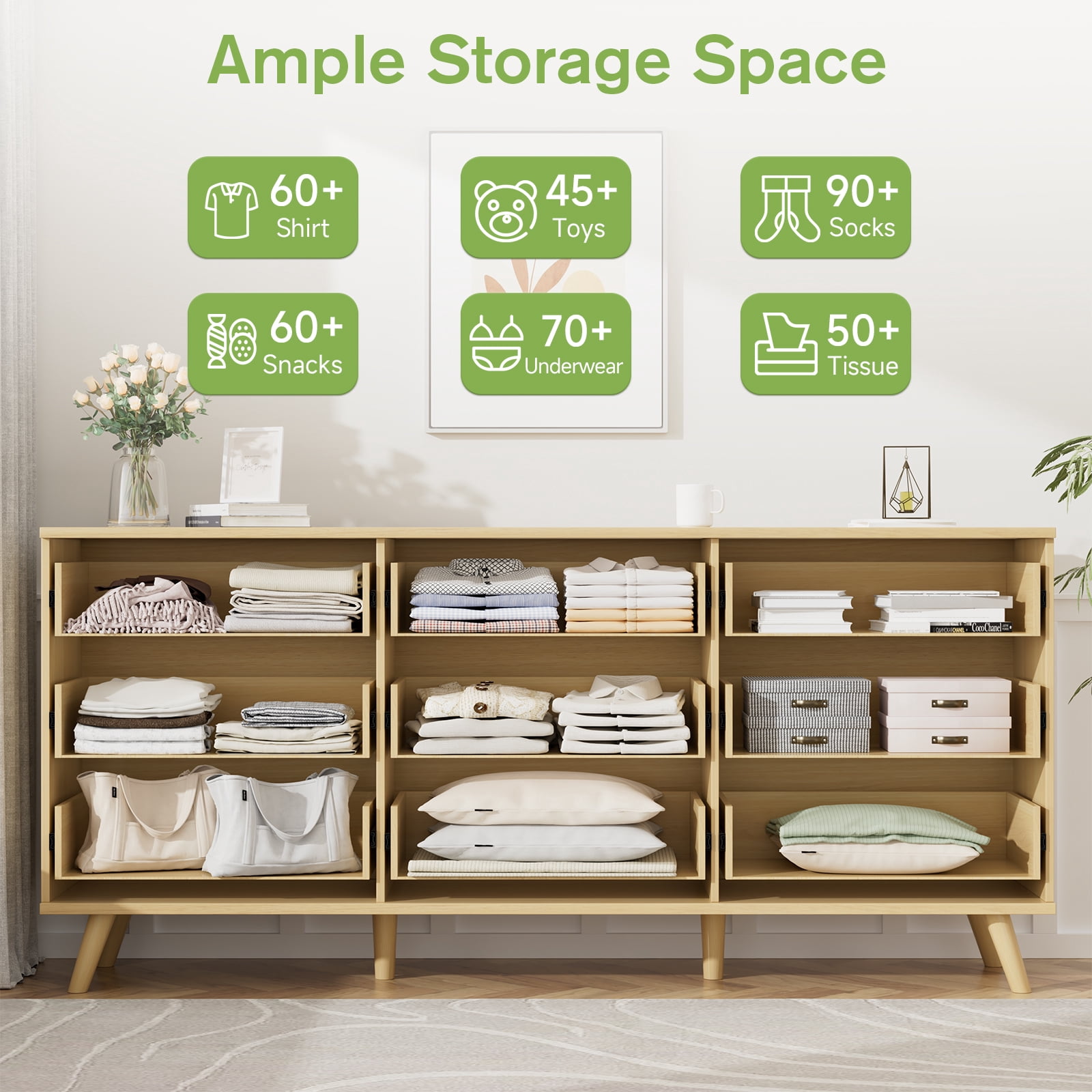 Lumiinofami 9 Drawer Dresser for Bedroom, Boho Fluted Wooden Chest of 9 Drawers Storage Cabinet for Living Room, Oak