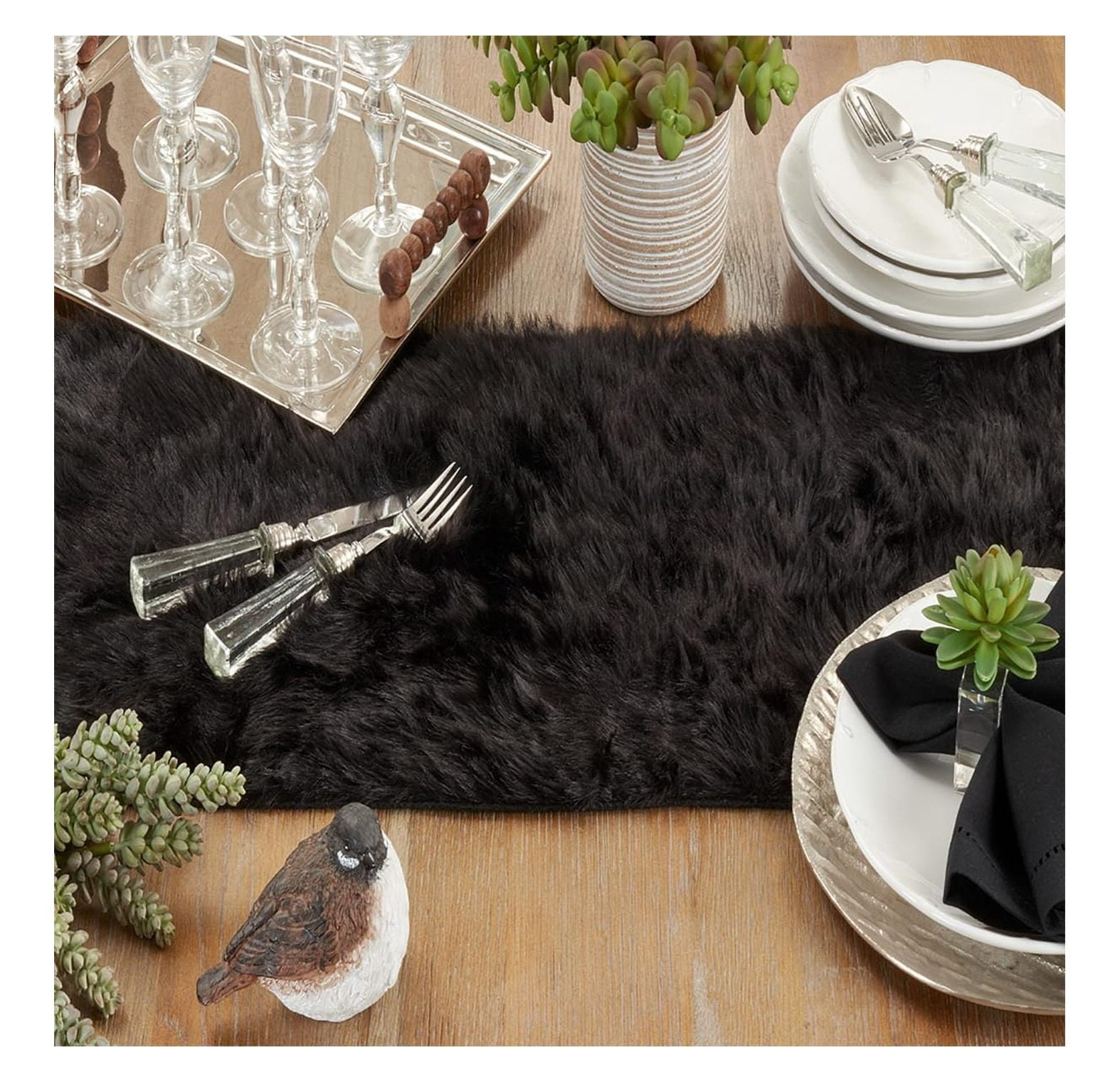 Juneau Faux Fur Table Runner 15 x 90 Inch - Black Table Cover for Dining Room, Holiday Decor