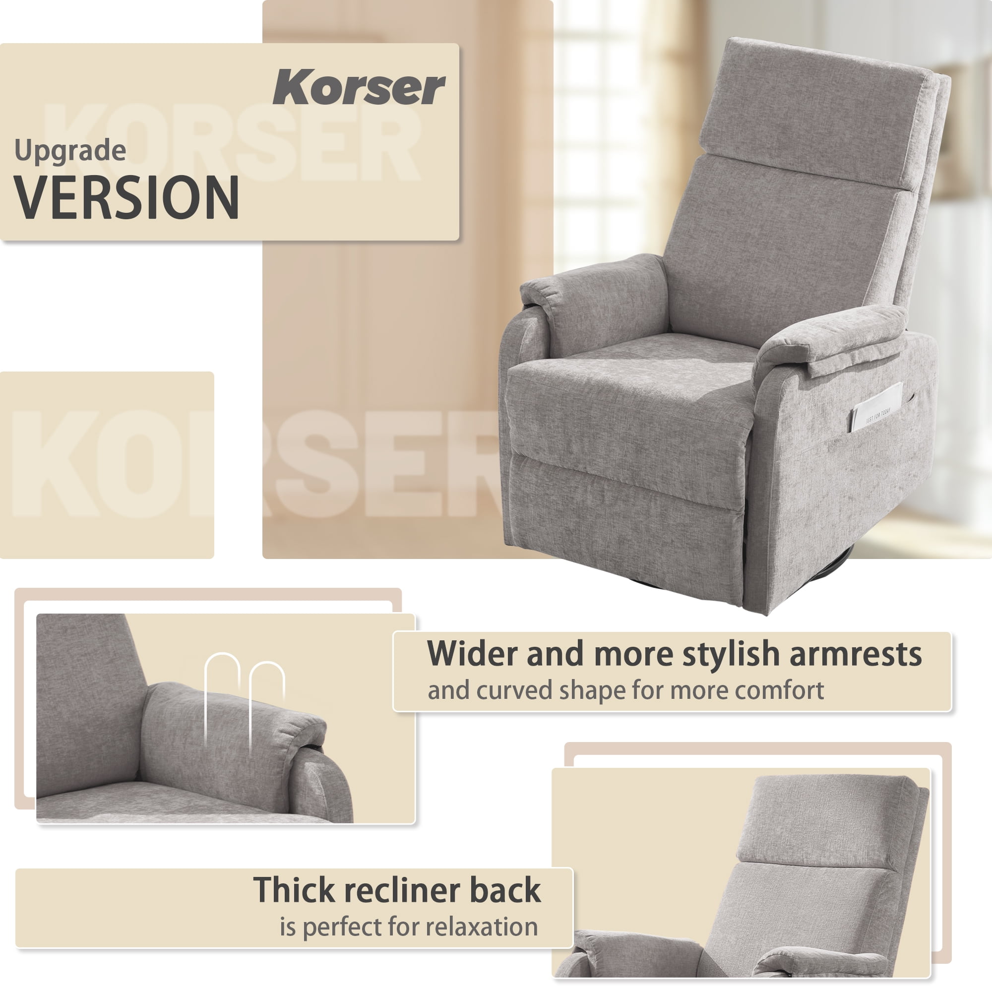 KORSER Swivel Rocker Recliner Chair, Chenille Fabric