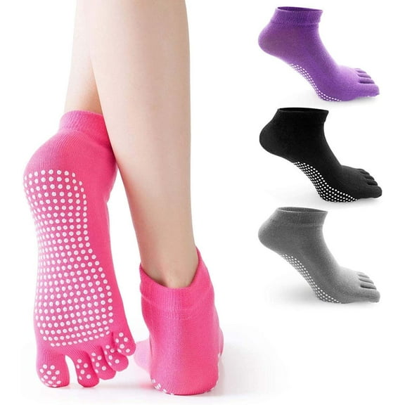 Yoga Toe Socks with Grips for Women Non-slip Socks for Pilates Barre Fitness 4 Pairs F