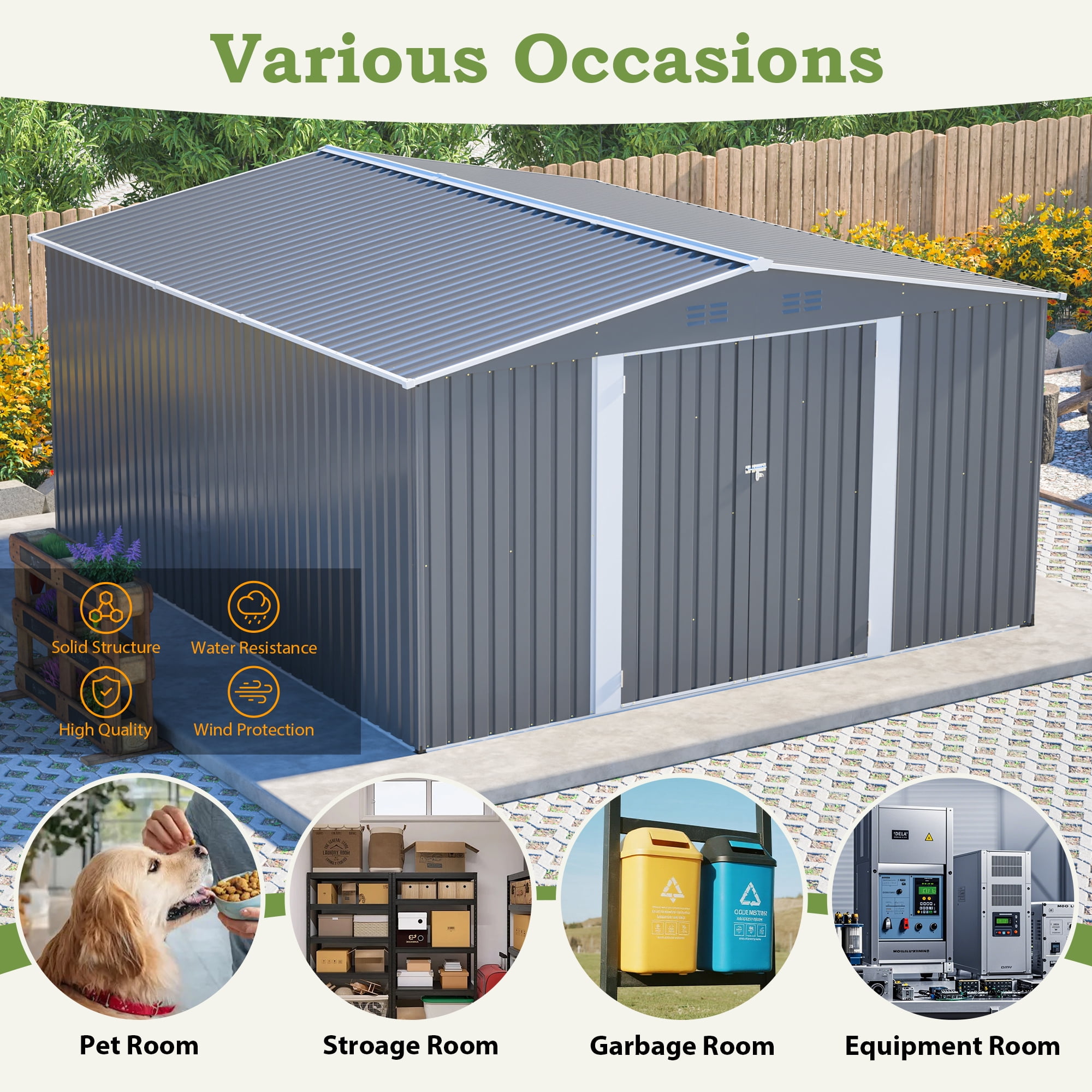 LZBEITEM 12'x14' Outdoor Metal Shed with Floor Frame kit , Updated Frame & Lockable Doors for Backyard, Garden, Lawn, Gray