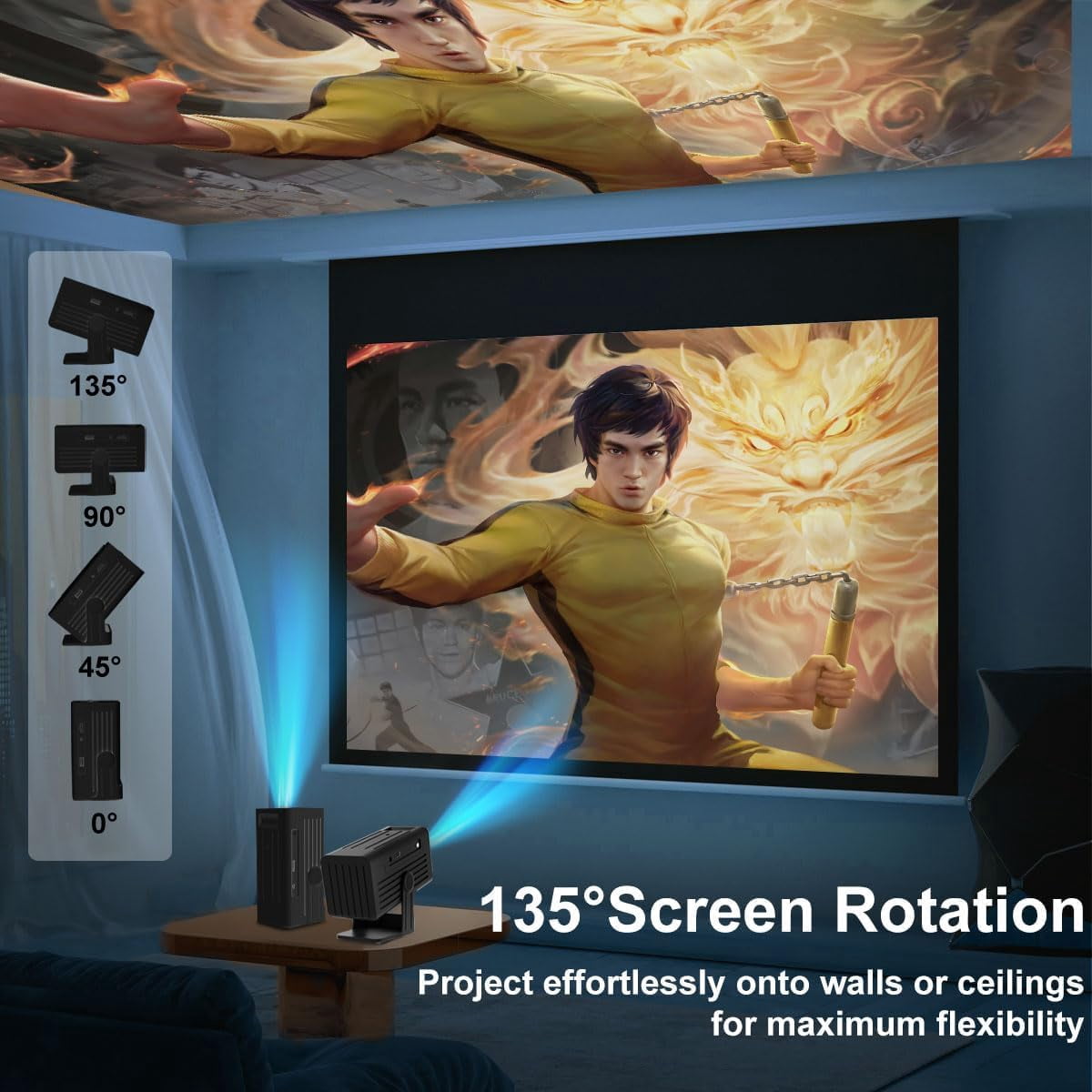 Projector with Apps 4K Supported  Projector for Bedroom Ceiling Camping Outdoor Use Portable with Speaker Auto