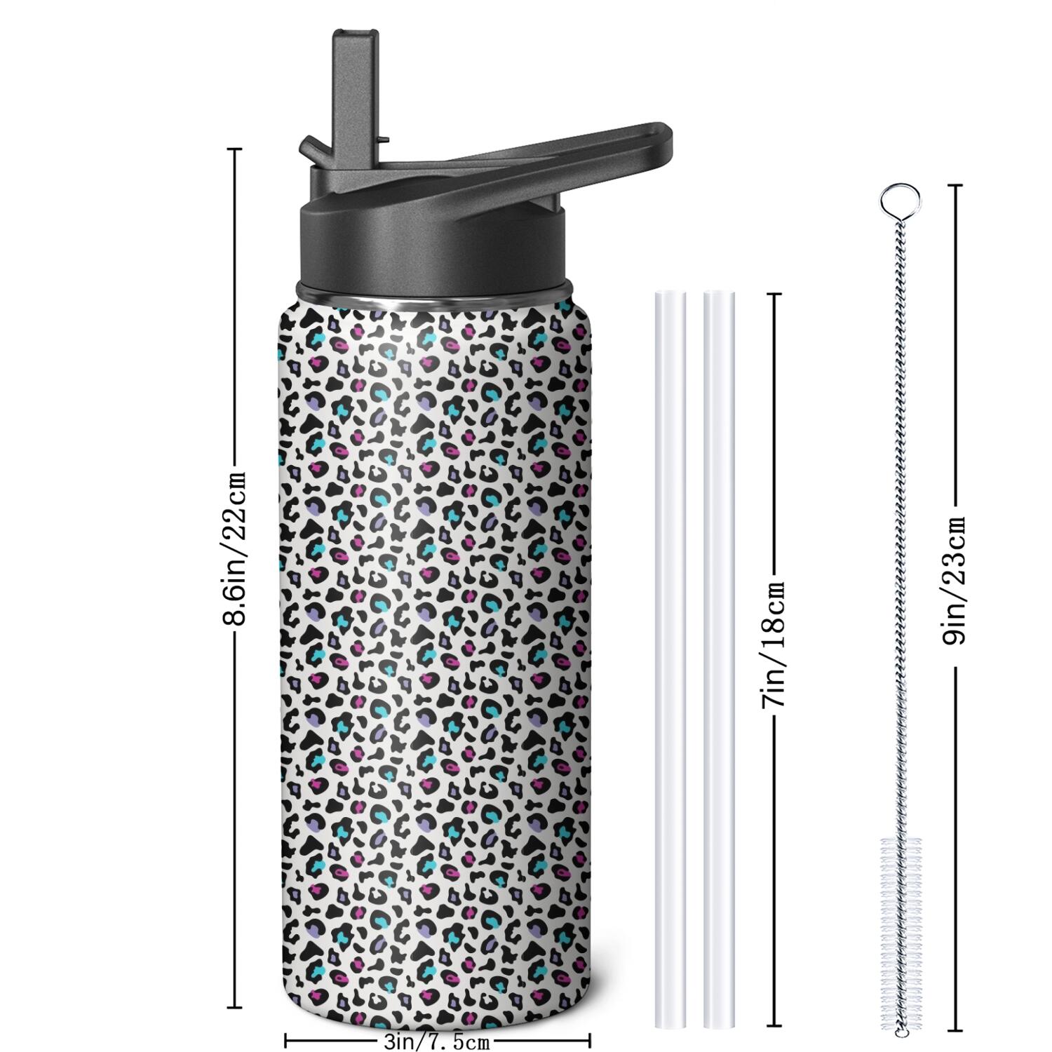 Leopard Print Insulated Stainless Steel Water Bottle with Straw & Cleaning Brush – 18 Oz | Leakproof, BPA-Free, 304 Stainless Steel, Wide Mouth, Travel Mug for Car, Gym, Office
