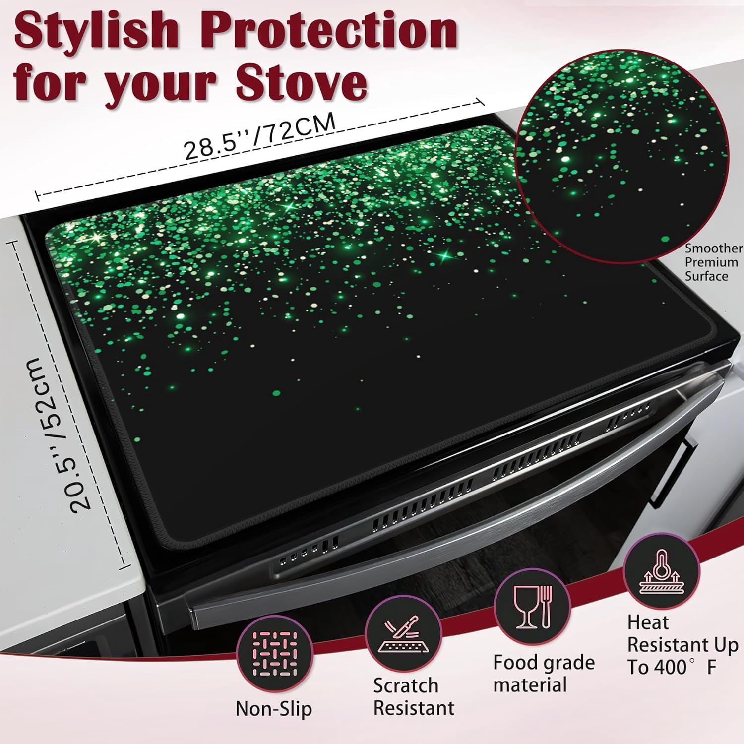 Green Glitter Stove Top Cover for Electric, Glass Ceramic Stove Cover, Heat Resistant Flat Stovetop Protector, Dish Drying Mats for Kitchen