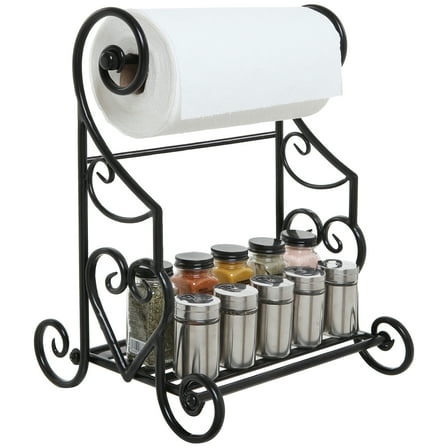 MyGift Heart Scrollwork Paper Towel Holder Stand with Spice Shelf Rack, Black Metal