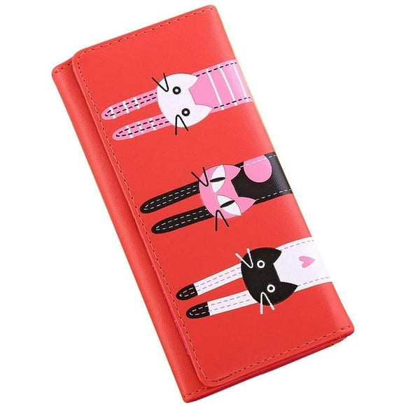 Wallet for Women Leather Slim Clutch Long Trifold Ladies Credit Card Holder Organizer Cute Cat Wallet