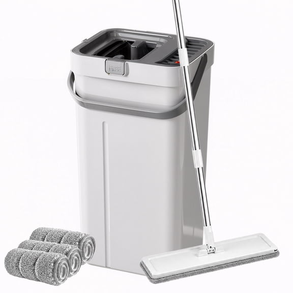 Behome Mop and Bucket Set, Hands Free Flat Floor Mop with 3 Washable Microfiber Pads, Wet and Dry Use, for All Types Floor Cleaning