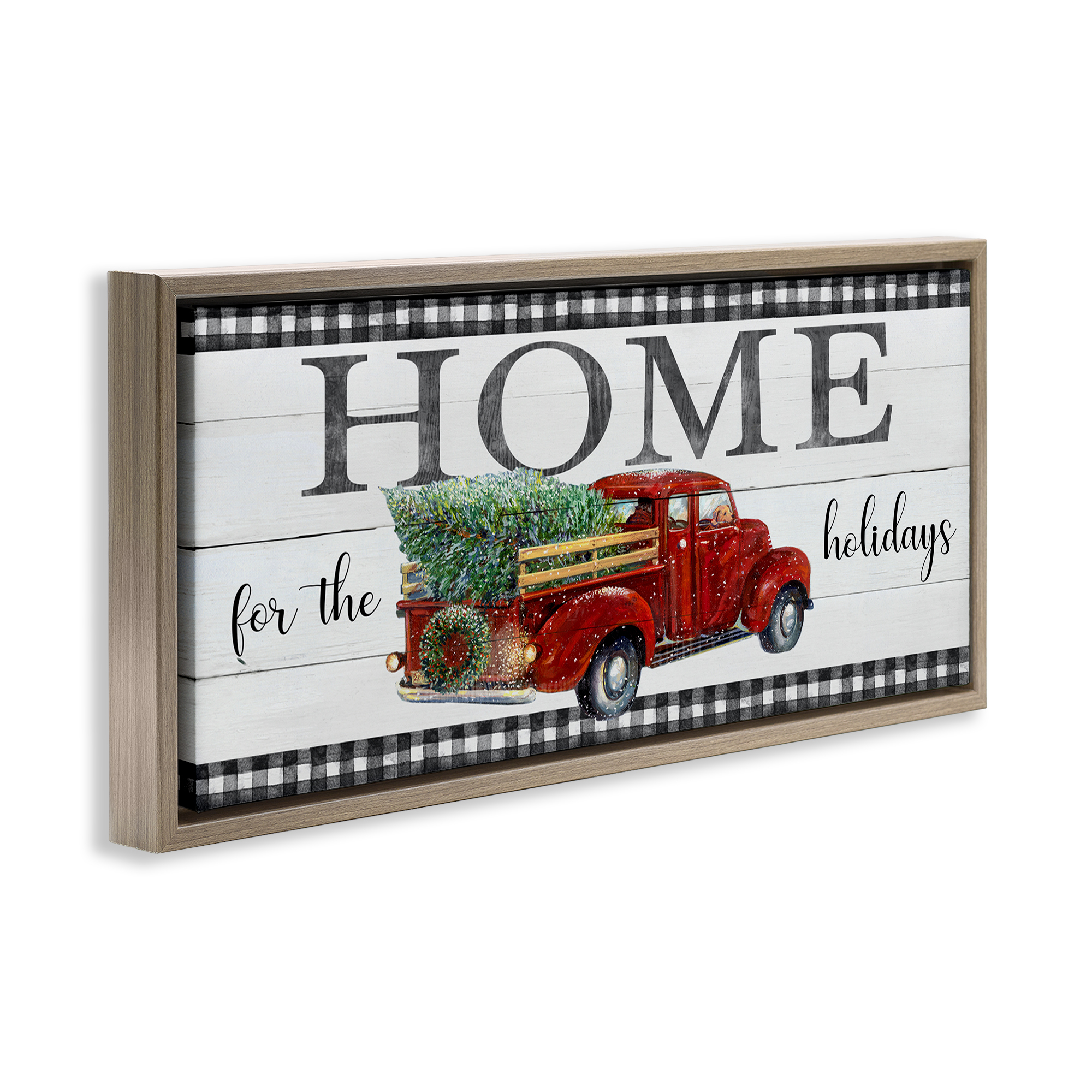 Stupell Industries Home For Holidays Truck Holiday Painting Brown Floater Framed Canvas Art Prints Wall Art, 31 x 14