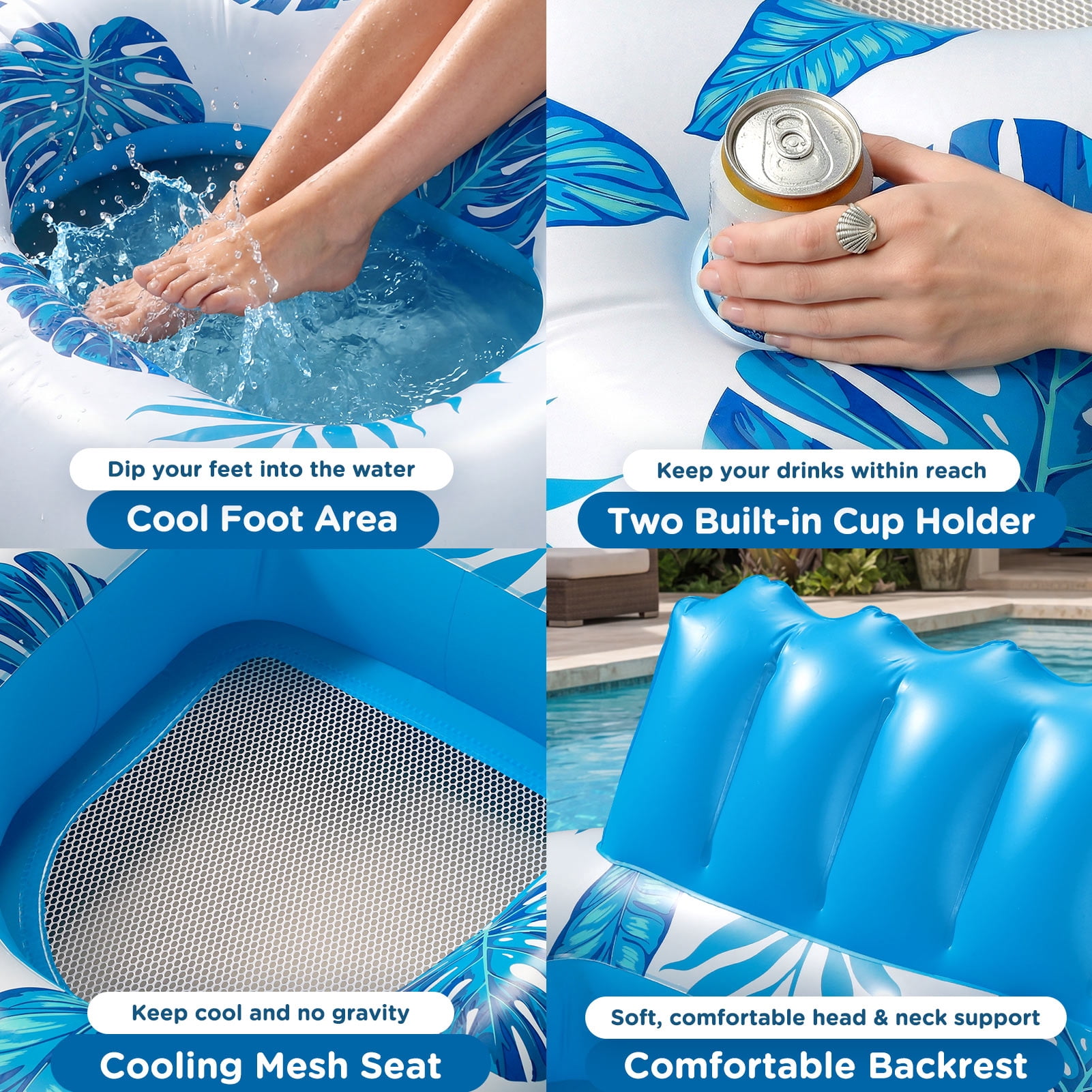 Livhil Inflatable Pool Float, 2 Person Pool Floats for Adults, Double Inflatable Lounger Pool Raft with Backrest & Cup Holders, Summer Water Fun for Pool Beach Lake, Blue