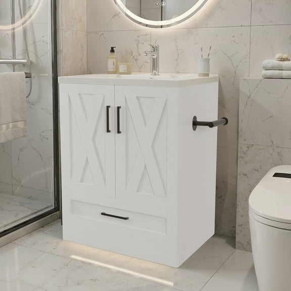 Lacoo 24" Bathroom Vanity with Sink Basin, Farmhouse Bathroom Storage Vanity Cabinet with 2 Doors & 1 Drawer, Freestanding Bathroom Cabinet with Washbasin, White