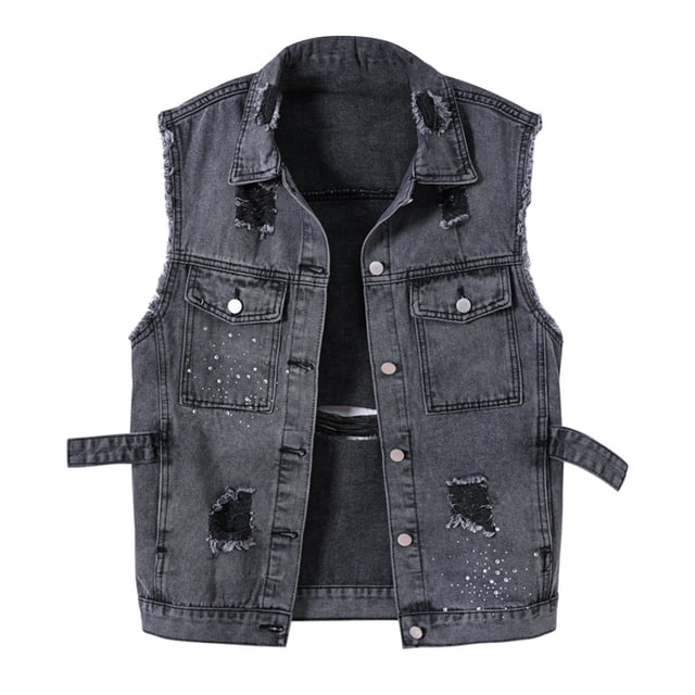 Yuyuzo Womens Oversized Denim Vest Sleeveless Lapel Button down Classic Ripped Jean Jacket with Pockets
