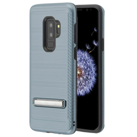 Kaleidio Case For Samsung Galaxy S9 Plus G965 [Vector Armor] Slim TPU [Shockproof] [Brushed Metallic] Hybrid Kickstand Carbon Fiber Accent Cover w/ Overbrawn Prying Tool [Blue/Black]