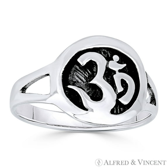 Om Symbol Hindu / Buddhist Charm Right-Hand Ring in Oxidized .925 Sterling Silver